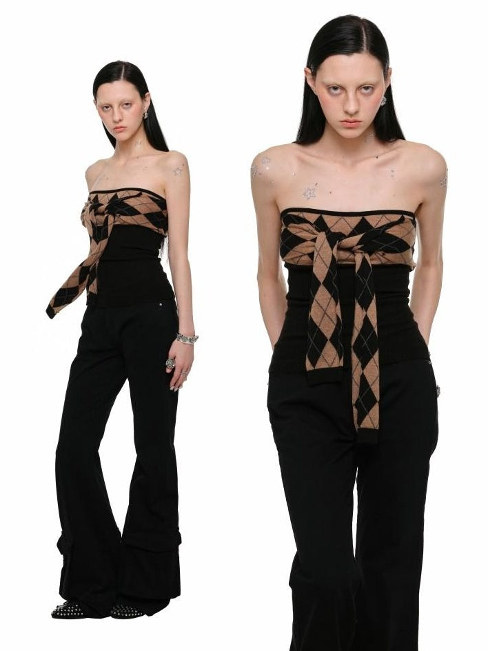 1JINN STUDIO Patchwork Plaid Slim Fit Cropped Workwear For Women Chic Camel Gray Tube Tops