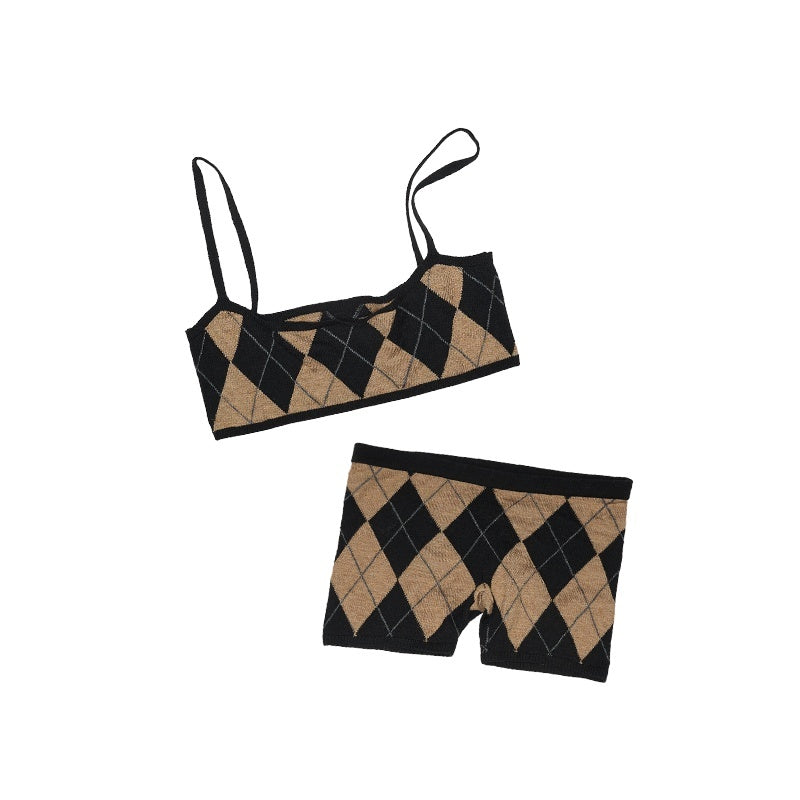 1JINN_STUDIO_Plaid_Slim_Fit_Cropped_Short_Sleeve_Women_Bustier_Cami_Top_&_Shorts_Sets_MISSTT
