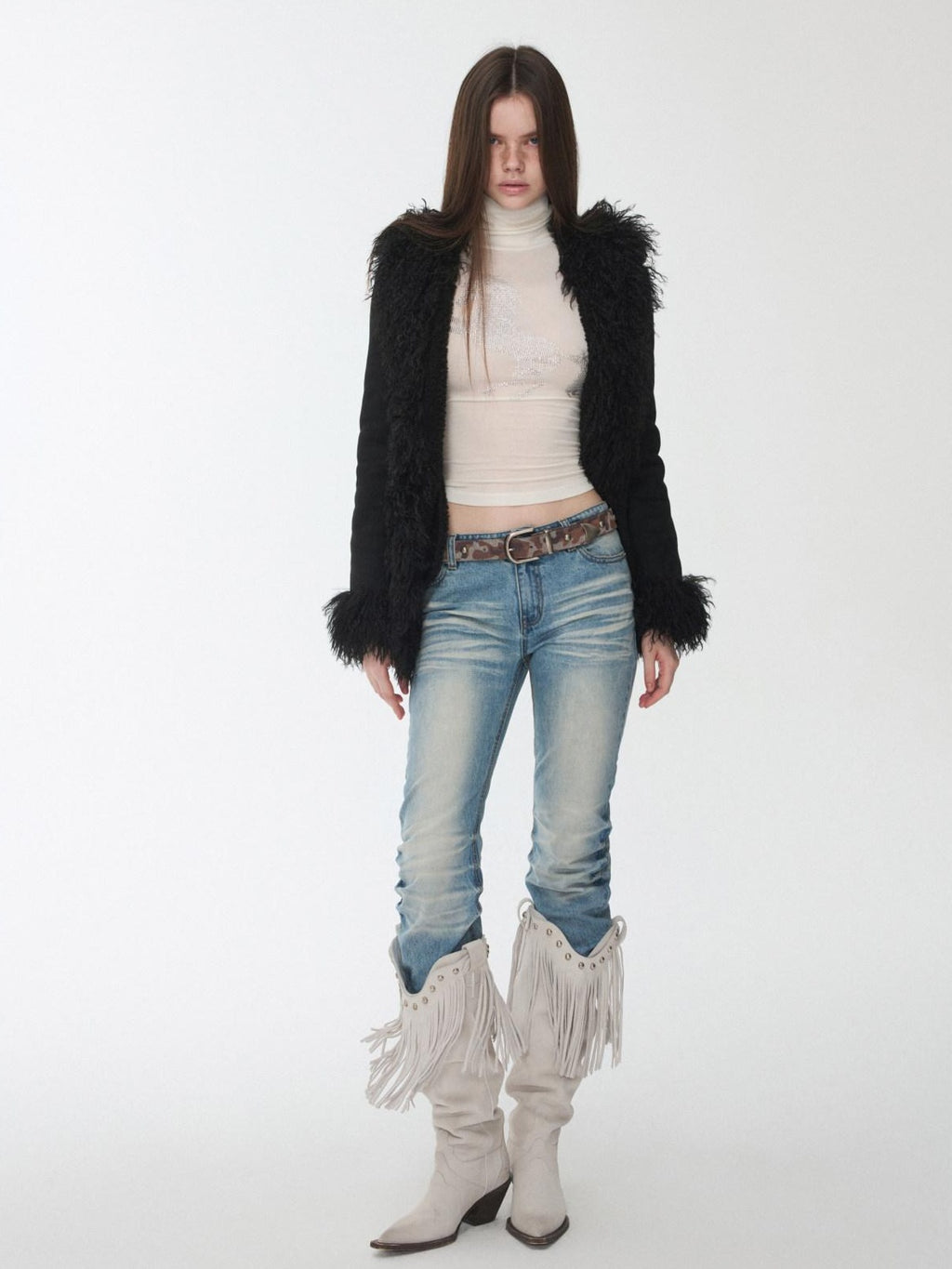 1JINN STUDIO Pleated Vintage Low Rise Slim Casual Women Washed Blue Straight Leg Jeans