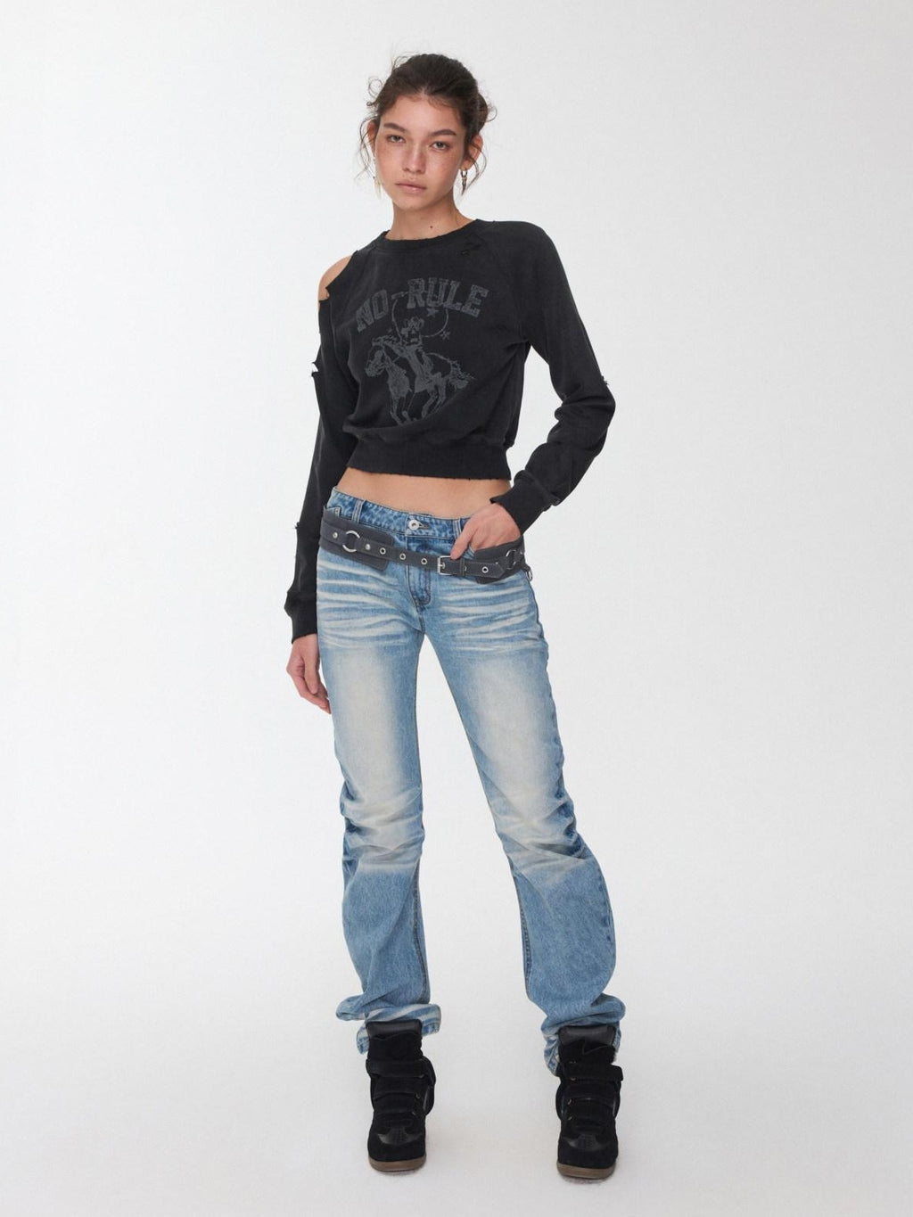 1JINN STUDIO Pleated Vintage Low Rise Slim Casual Women Washed Blue Straight Leg Jeans