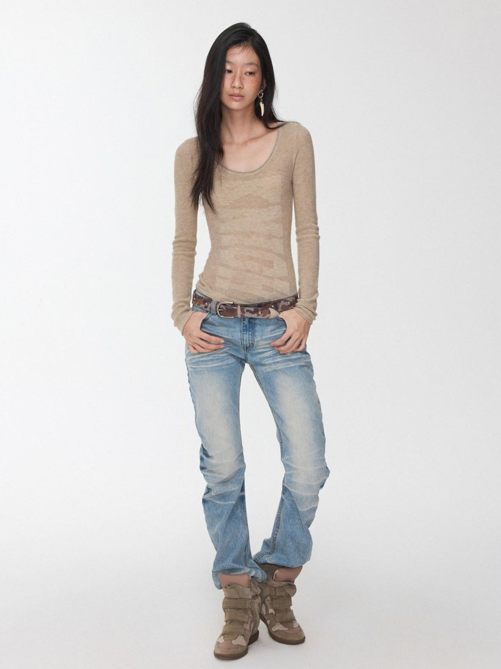 1JINN STUDIO Pleated Vintage Low Rise Slim Casual Women Washed Blue Straight Leg Jeans