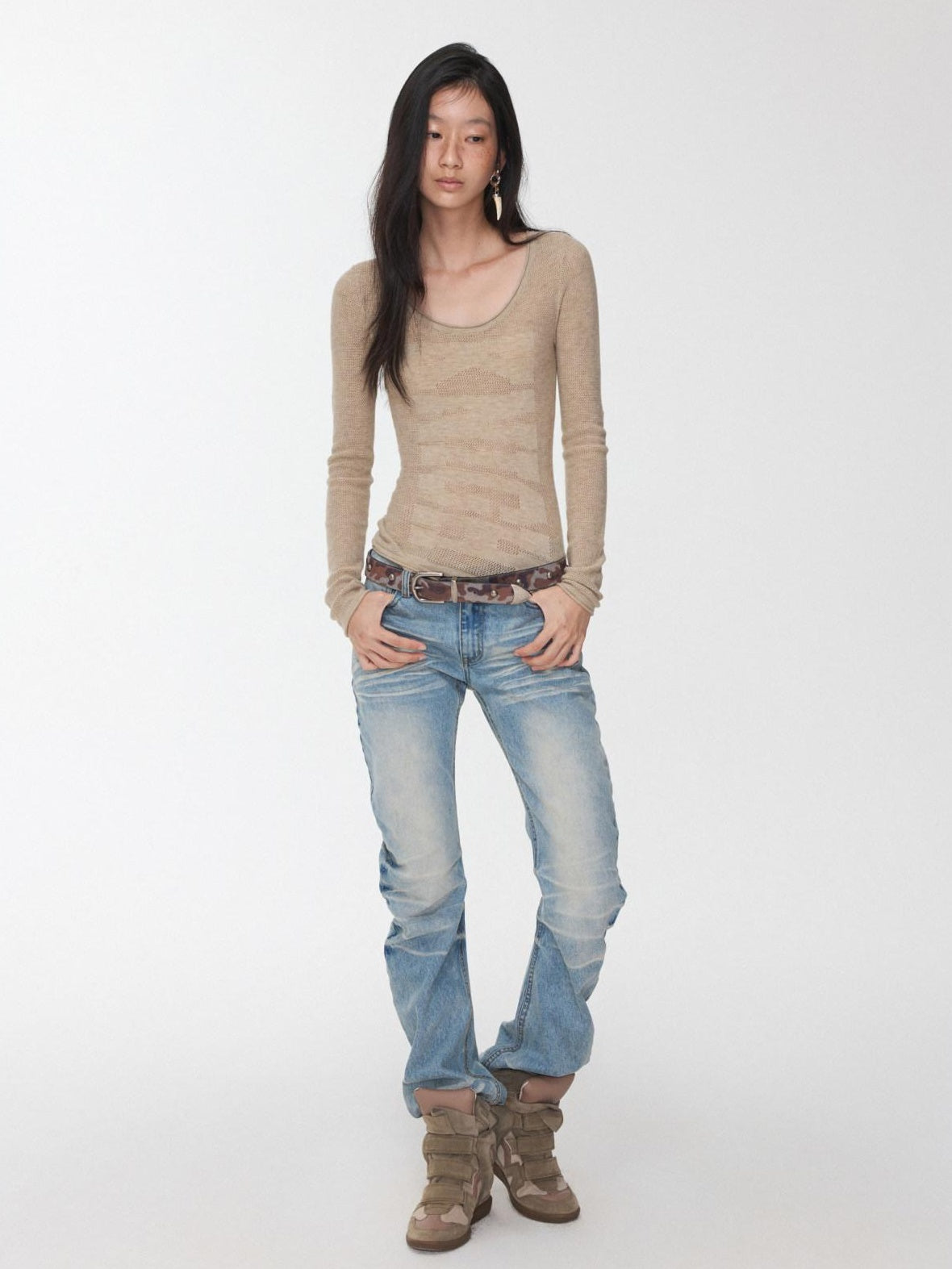 1JINN STUDIO Pleated Vintage Low Rise Slim Casual Women Washed Blue Straight Leg Jeans