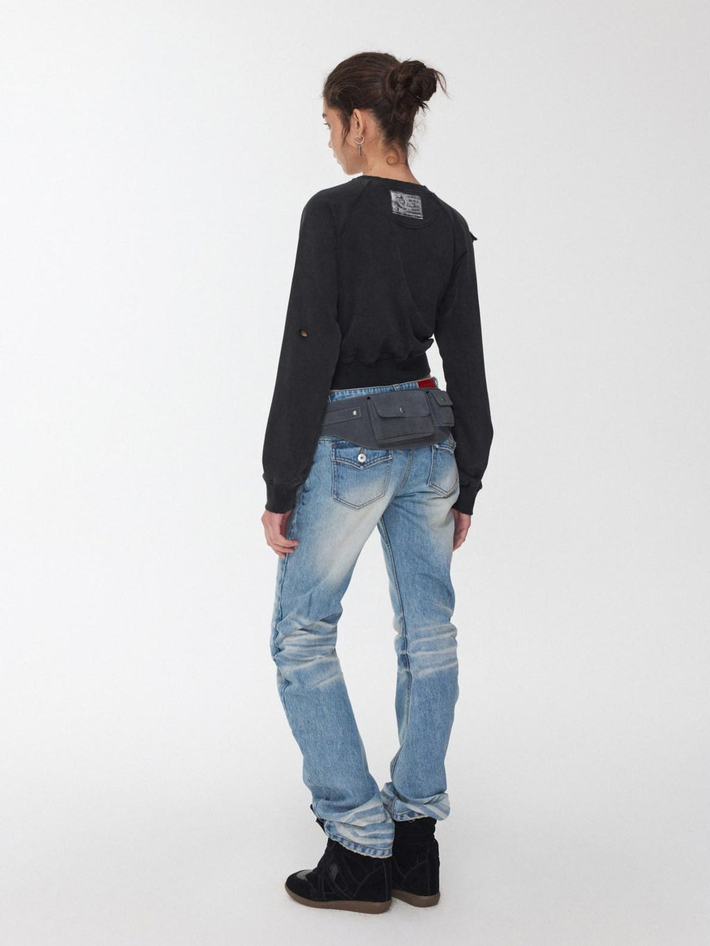 1JINN STUDIO Pleated Vintage Low Rise Slim Casual Women Washed Blue Straight Leg Jeans