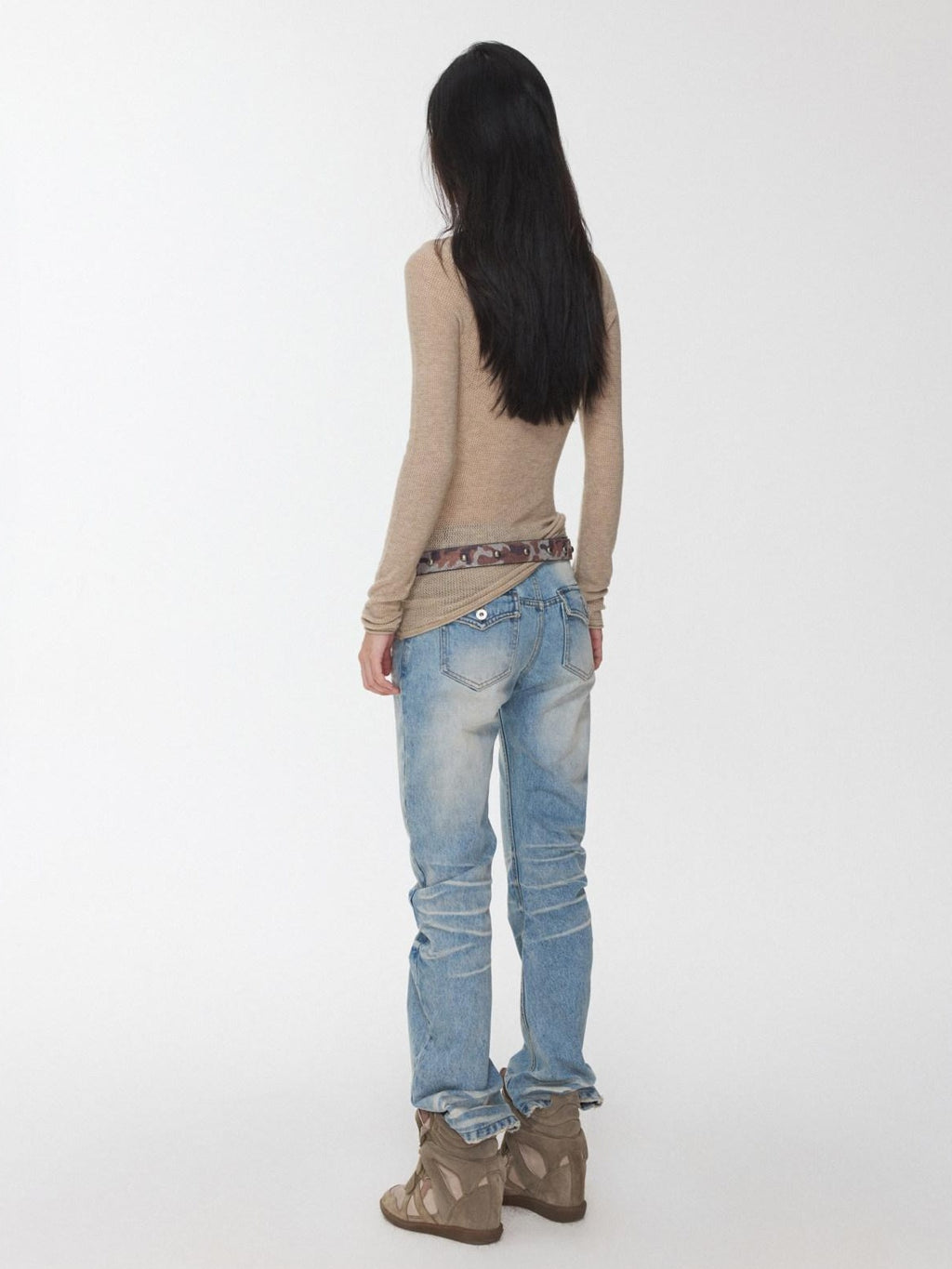 1JINN STUDIO Pleated Vintage Low Rise Slim Casual Women Washed Blue Straight Leg Jeans