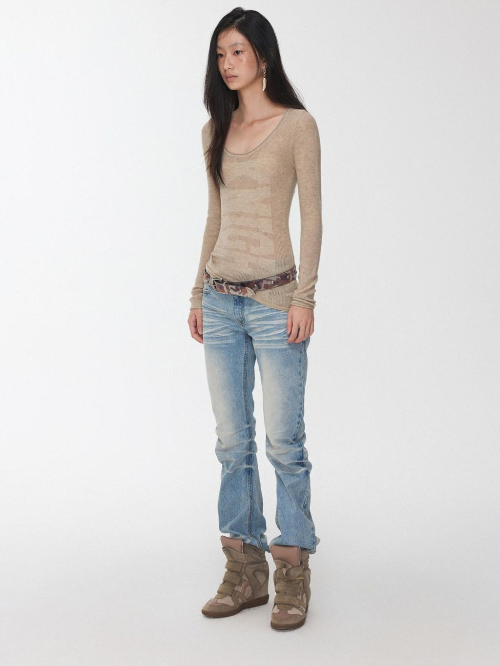 1JINN STUDIO Pleated Vintage Low Rise Slim Casual Women Washed Blue Straight Leg Jeans