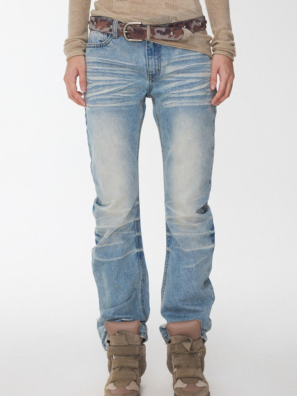 1JINN STUDIO Pleated Vintage Low Rise Slim Casual Women Washed Blue Straight Leg Jeans