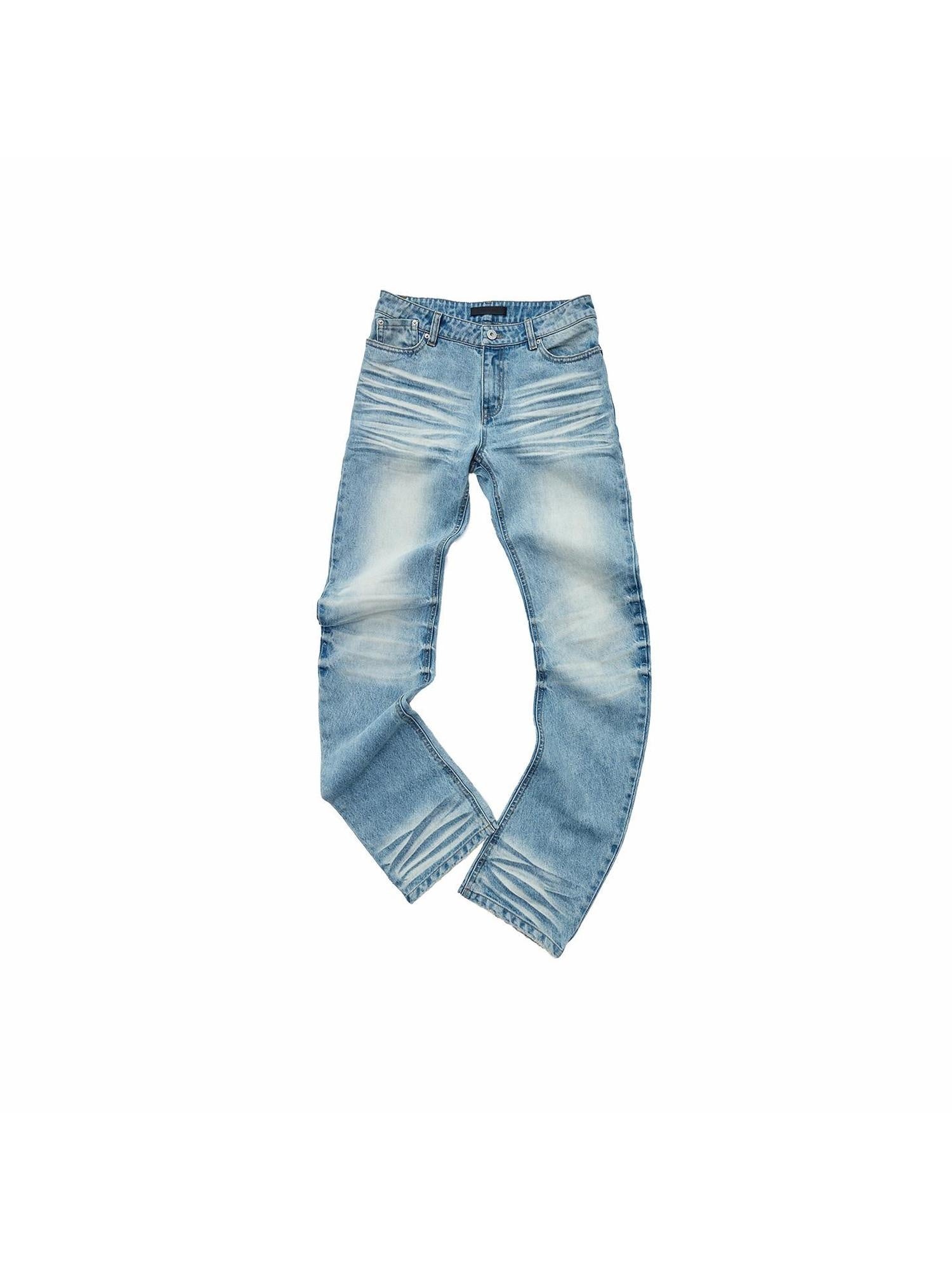 1JINN STUDIO Pleated Vintage Low Rise Slim Casual Women Washed Blue Straight Leg Jeans
