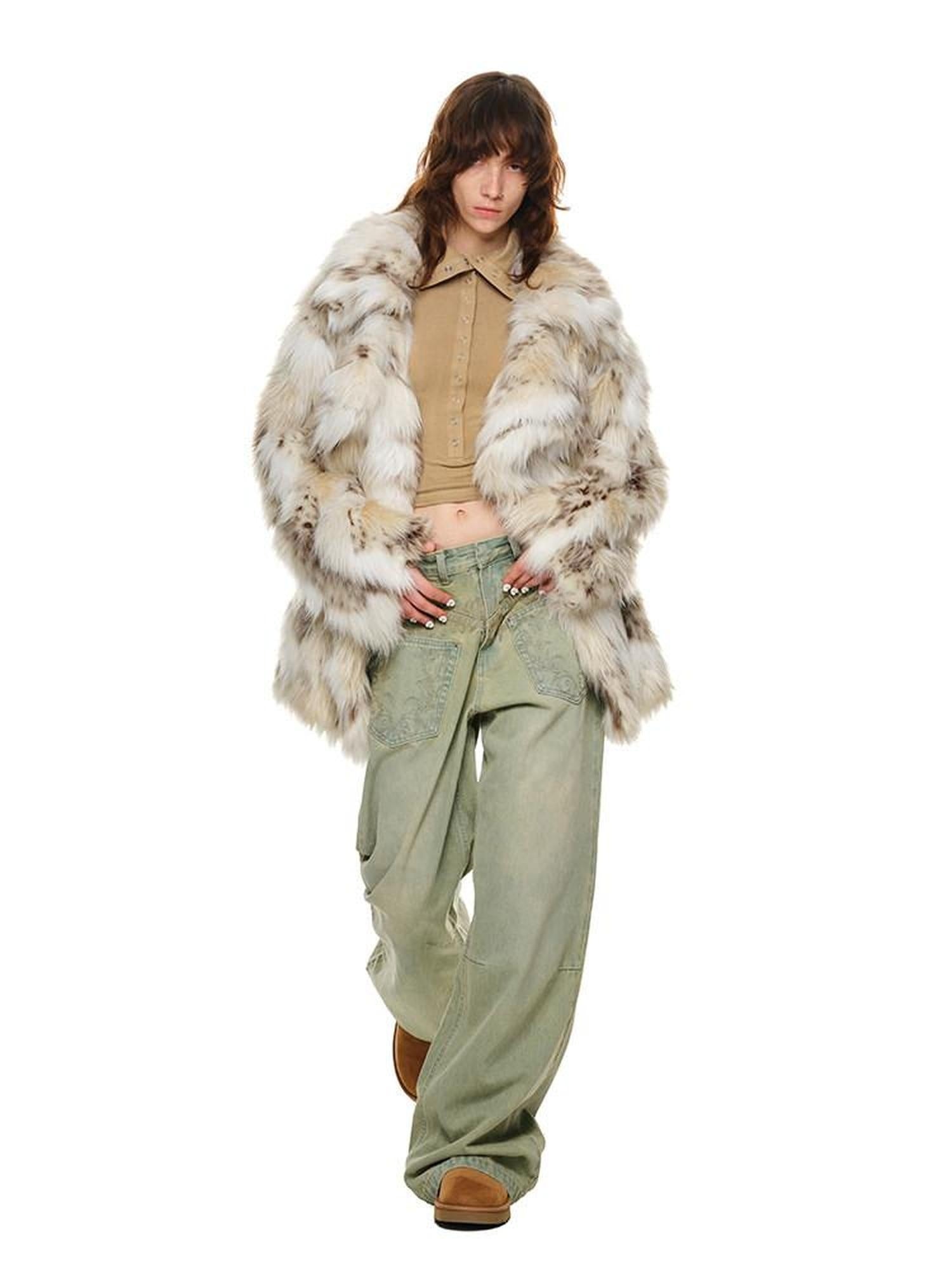 1JINN STUDIO Plush Leopard Print V-neck Loose Fit Women Mottled Beige Faux Fur Coats