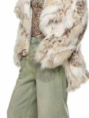 1JINN STUDIO Plush Leopard Print V-neck Loose Fit Women Mottled Beige Faux Fur Coats