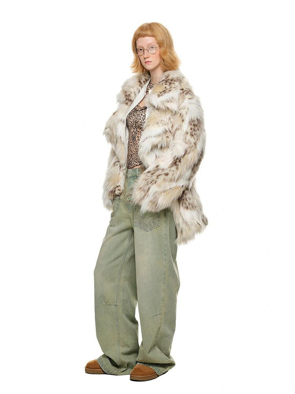 1JINN STUDIO Plush Leopard Print V-neck Loose Fit Women Mottled Beige Faux Fur Coats