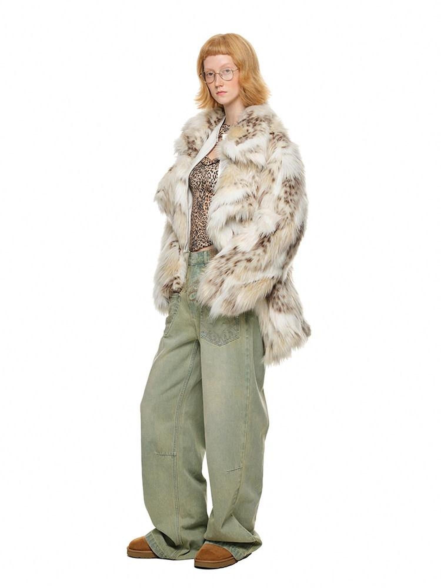 1JINN STUDIO Plush Leopard Print V-neck Loose Fit Women Mottled Beige Faux Fur Coats