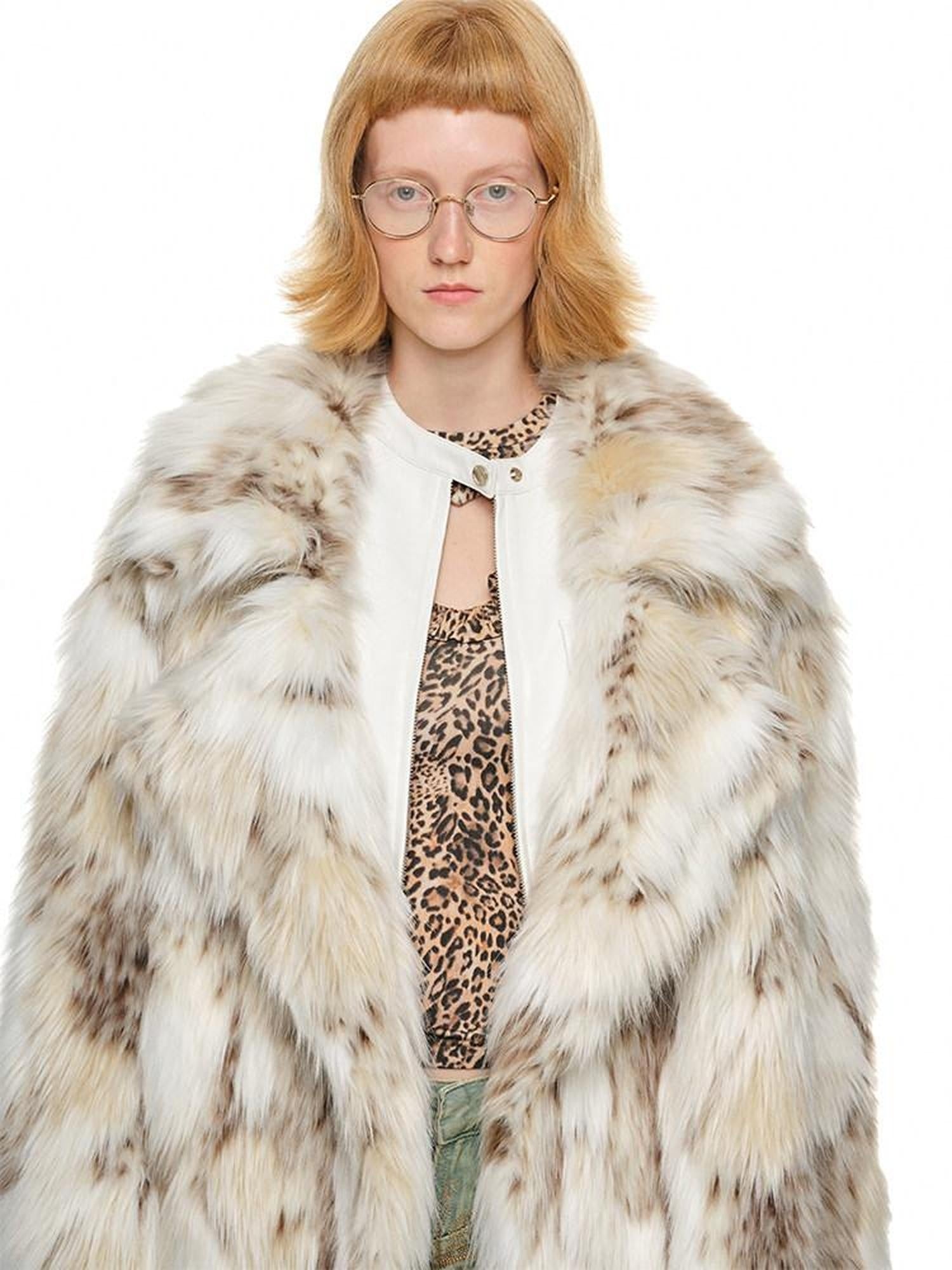 1JINN STUDIO Plush Leopard Print V-neck Loose Fit Women Mottled Beige Faux Fur Coats