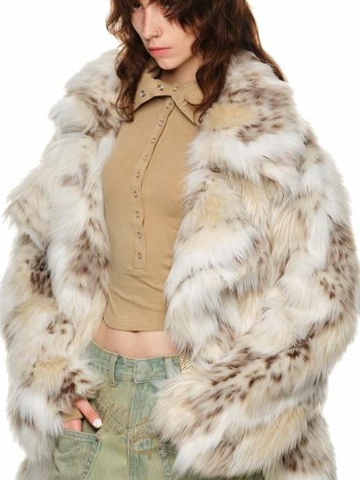 1JINN STUDIO Plush Leopard Print V-neck Loose Fit Women Mottled Beige Faux Fur Coats