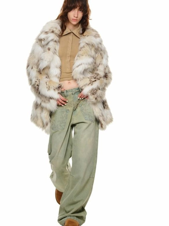 1JINN STUDIO Plush Leopard Print V-neck Loose Fit Women Mottled Beige Faux Fur Coats