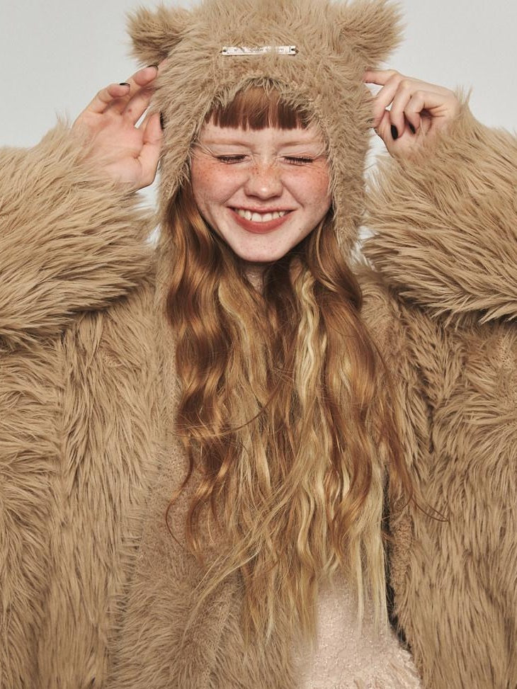 1JINN STUDIO Plush Mink Touch Oversized Street Style Solid Knit Women Faux Fur Coats