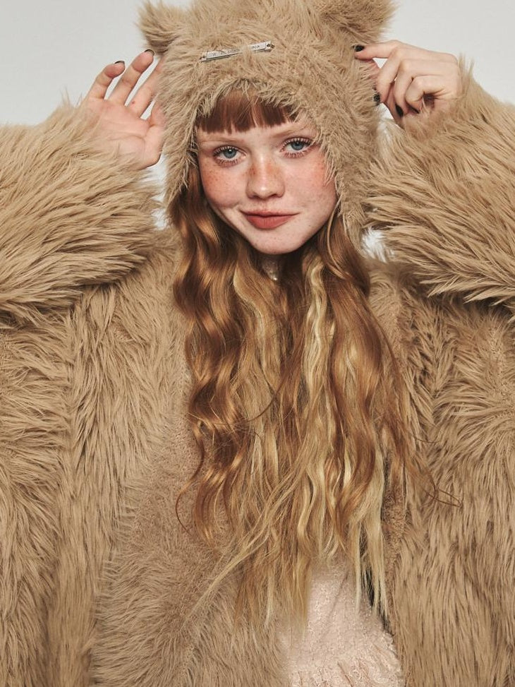 1JINN STUDIO Plush Mink Touch Oversized Street Style Solid Knit Women Faux Fur Coats