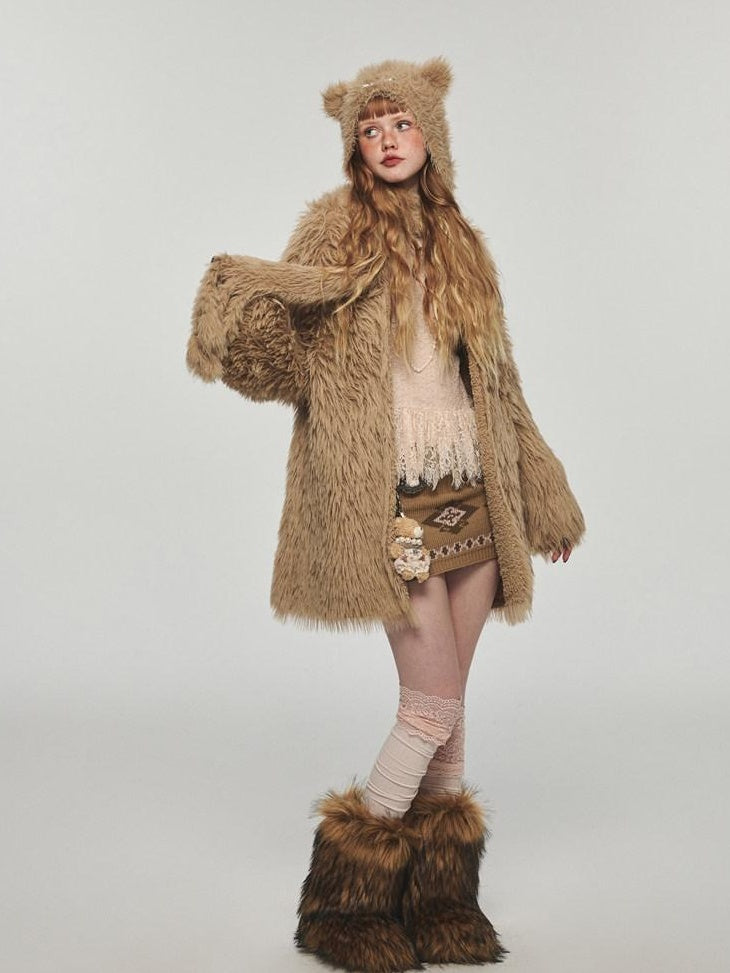 1JINN STUDIO Plush Mink Touch Oversized Street Style Solid Knit Women Faux Fur Coats