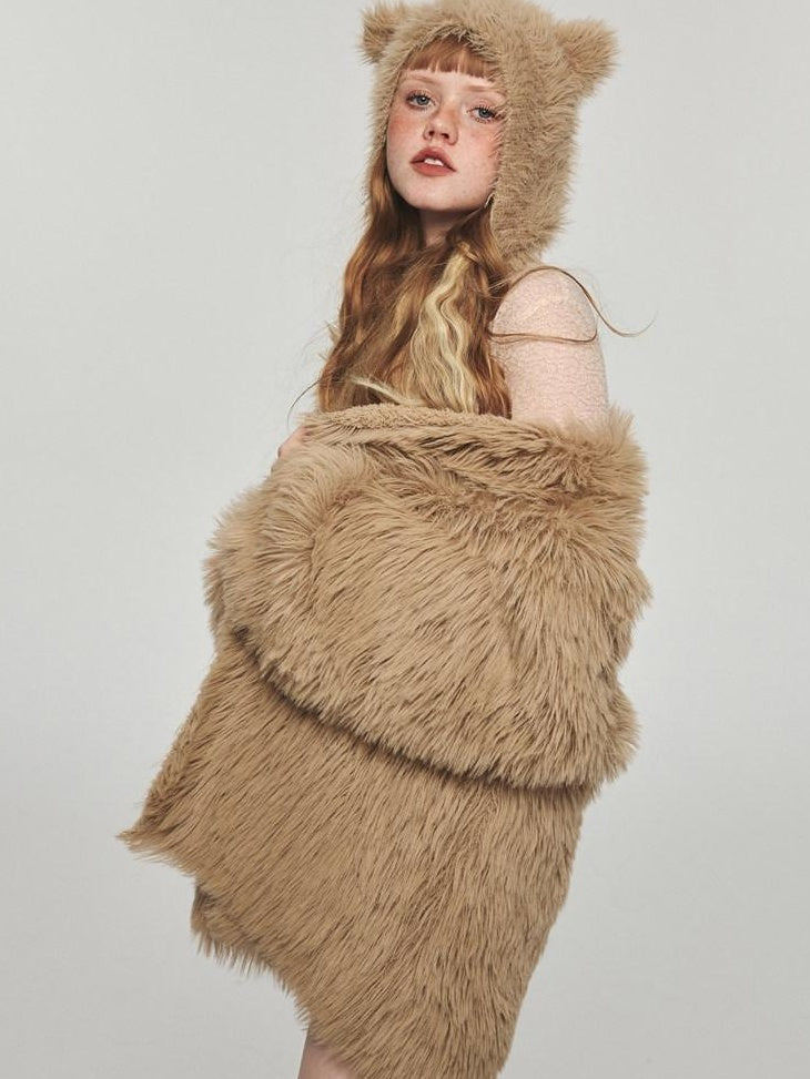 1JINN STUDIO Plush Mink Touch Oversized Street Style Solid Knit Women Faux Fur Coats