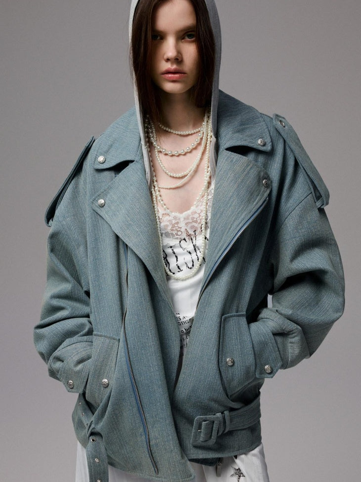 1JINN STUDIO Pocket Detail Commuter Single Button Long Sleeve Blue Gray Casual Denim Jackets