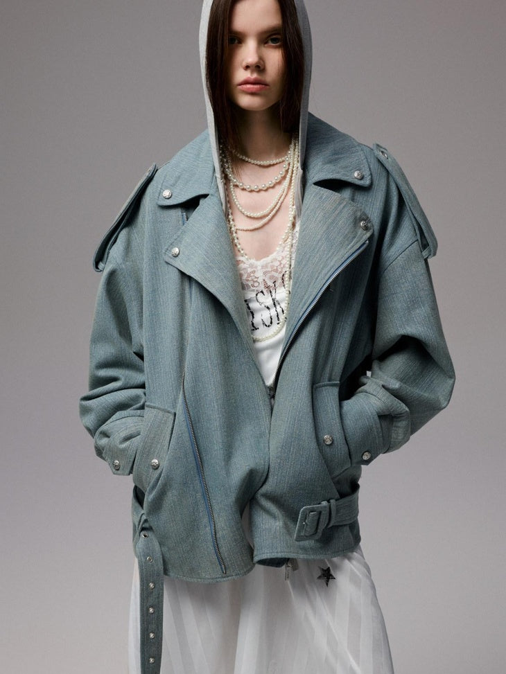 1JINN STUDIO Pocket Detail Commuter Single Button Long Sleeve Blue Gray Casual Denim Jackets