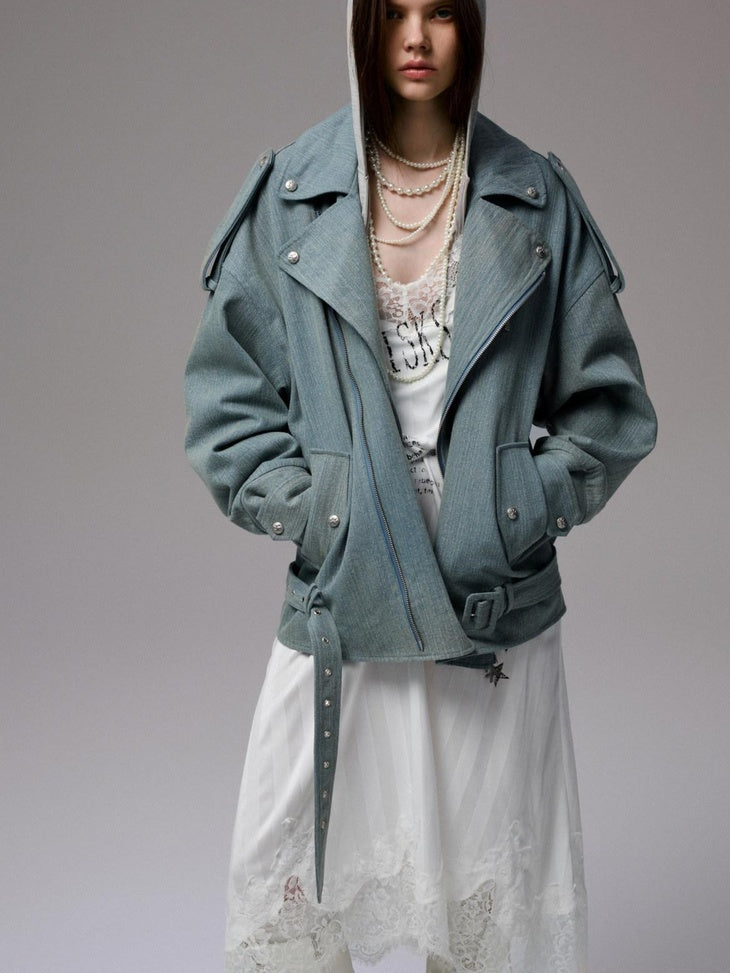 1JINN STUDIO Pocket Detail Commuter Single Button Long Sleeve Blue Gray Casual Denim Jackets