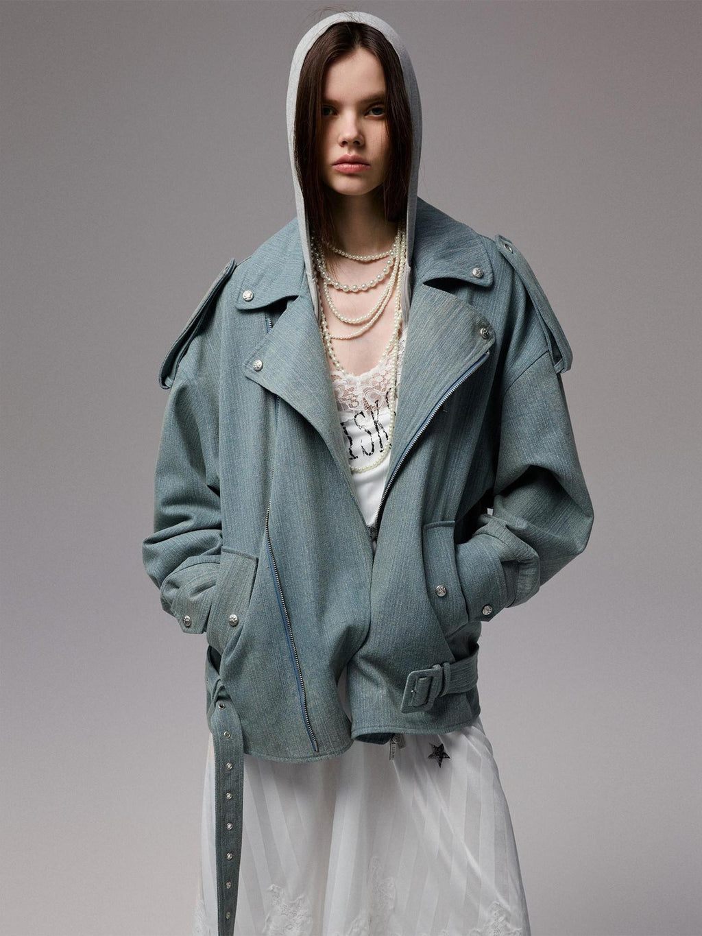 1JINN STUDIO Pocket Detail Commuter Single Button Long Sleeve Blue Gray Casual Denim Jackets