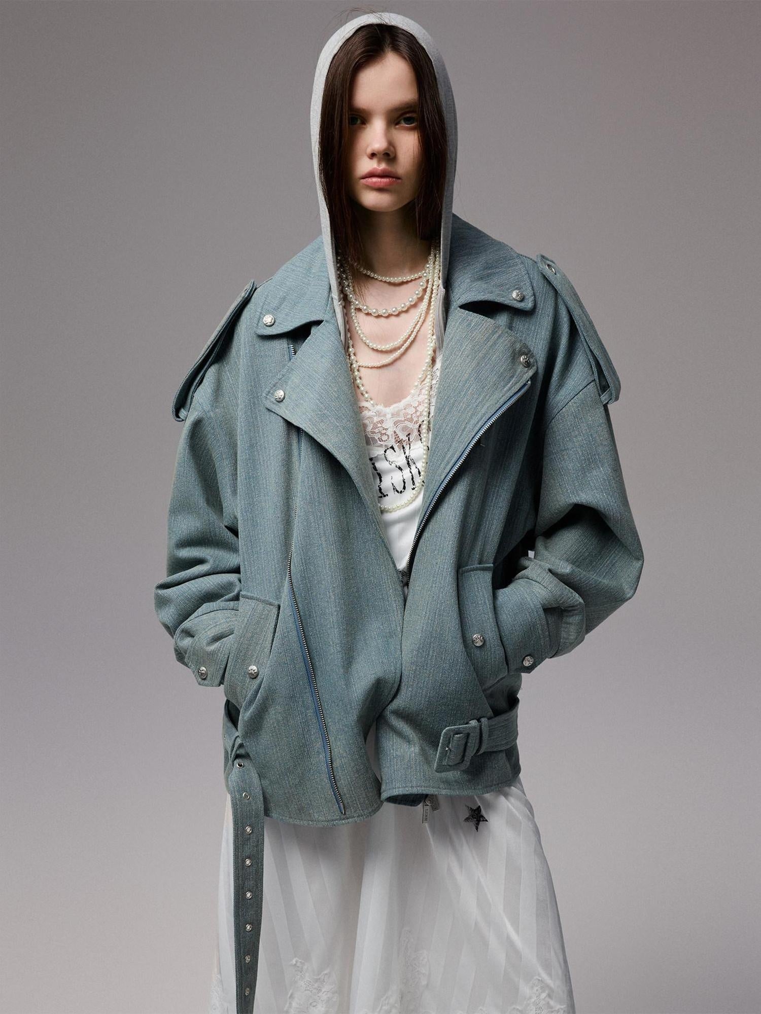 1JINN STUDIO Pocket Detail Commuter Single Button Long Sleeve Blue Gray Casual Denim Jackets