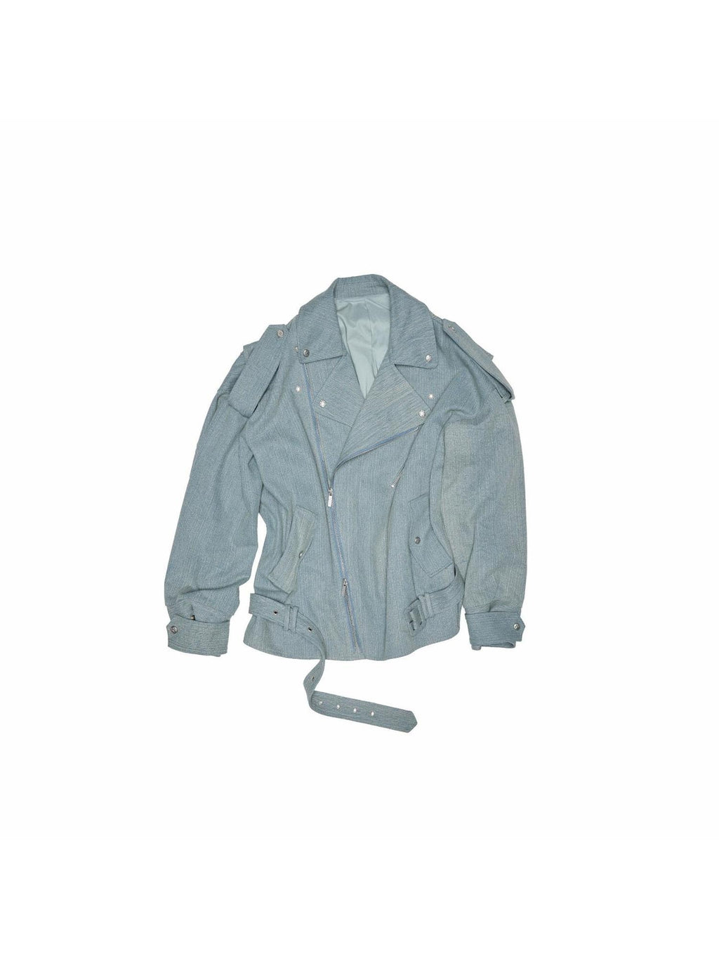 1JINN STUDIO Pocket Detail Commuter Single Button Long Sleeve Blue Gray Casual Denim Jackets