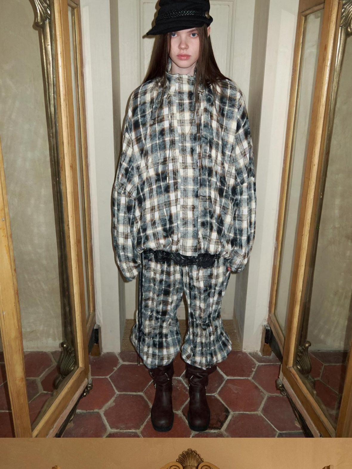 1JINN STUDIO Pressed Pleated Plaid Low Waist American Cargo Style For Women Wide Leg Pants