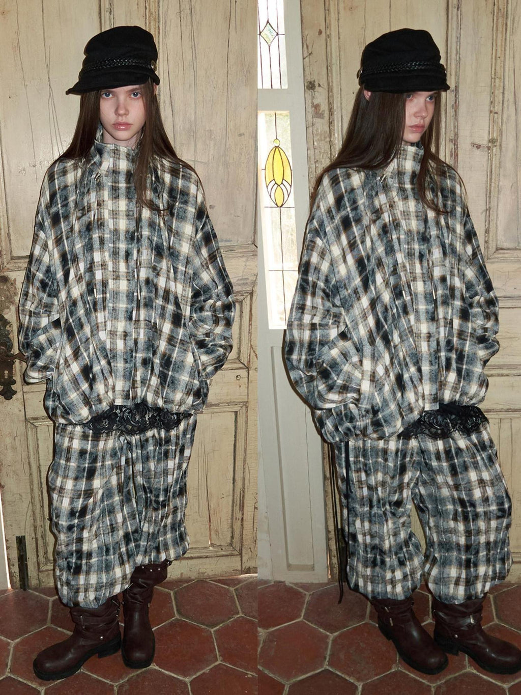 1JINN STUDIO Pressed Pleated Plaid Low Waist American Cargo Style For Women Wide Leg Pants