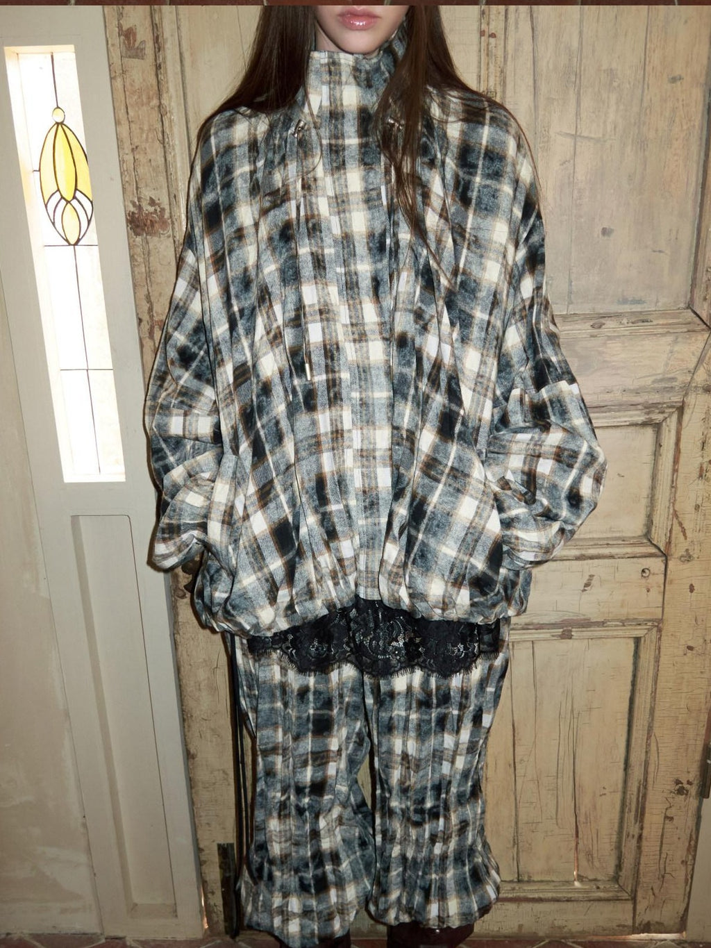 1JINN STUDIO Pressed Pleated Plaid Low Waist American Cargo Style For Women Wide Leg Pants