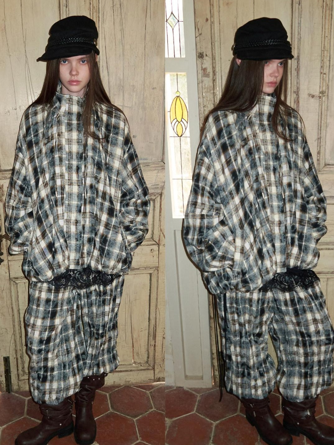 1JINN STUDIO Pressed Pleated Plaid Low Waist American Cargo Style For Women Wide Leg Pants