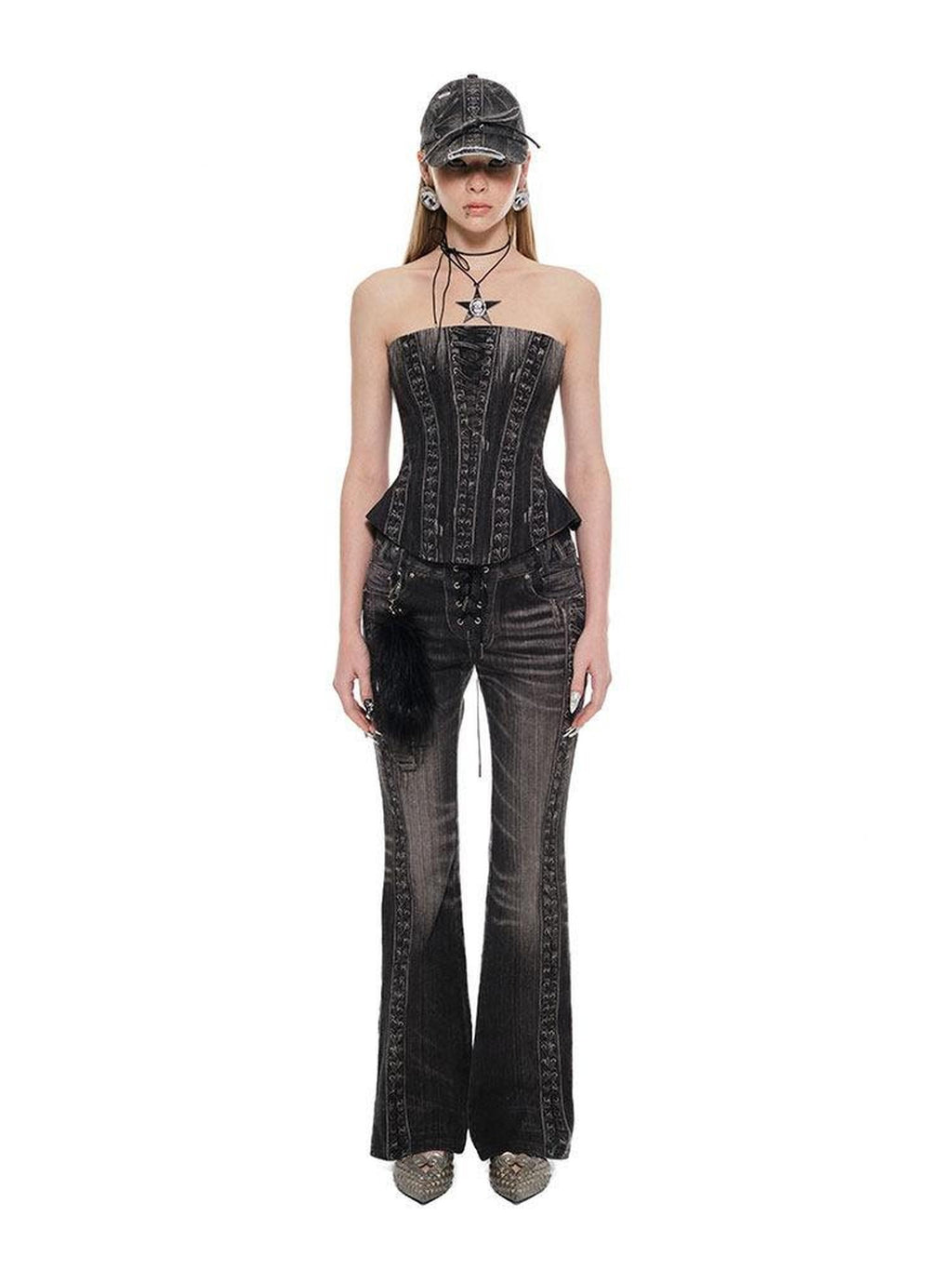 1JINN STUDIO Printed Slim Fit Street Style For Women Black Denim No Pad Tube Tops