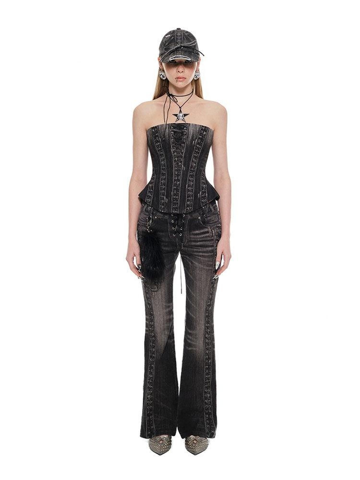 1JINN STUDIO Printed Slim Fit Street Style For Women Black Denim No Pad Tube Tops
