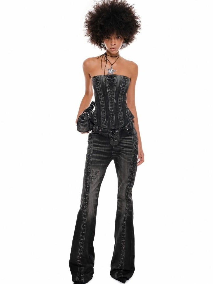 1JINN STUDIO Printed Slim Fit Street Style For Women Black Denim No Pad Tube Tops