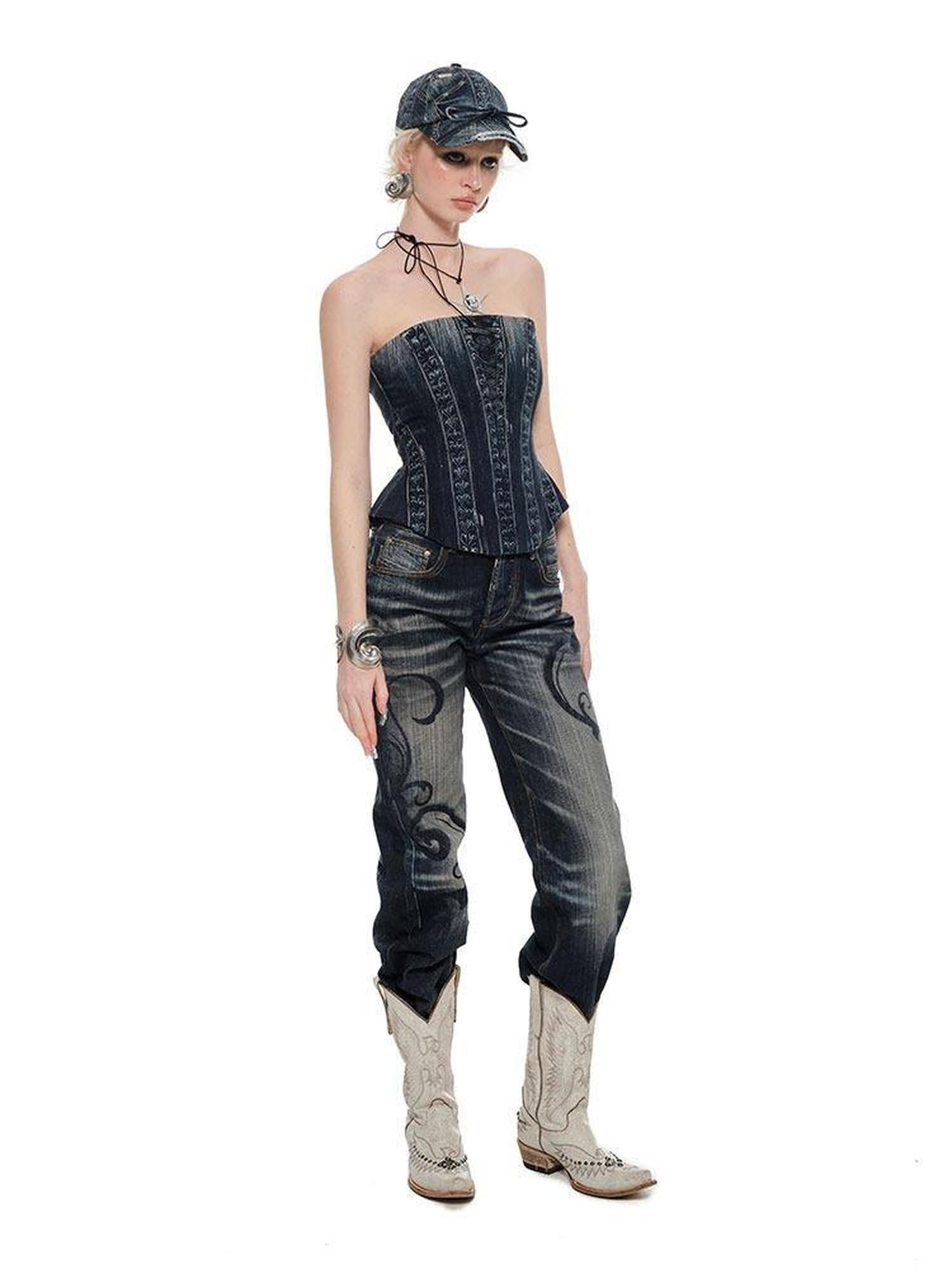 1JINN STUDIO Printed Slim Fit Street Style For Women Black Denim No Pad Tube Tops