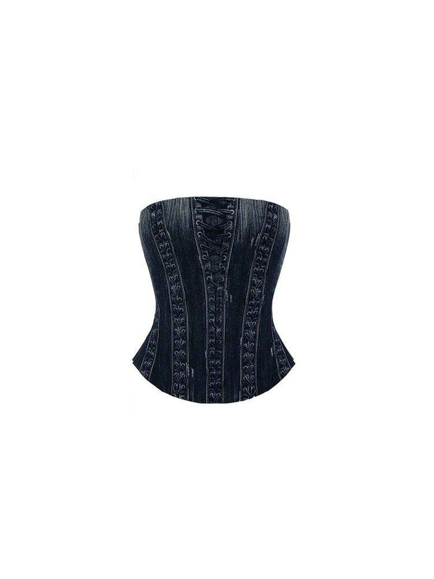 1JINN STUDIO Printed Slim Fit Street Style For Women Black Denim No Pad Tube Tops