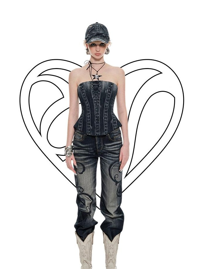 1JINN STUDIO Printed Slim Fit Street Style For Women Black Denim No Pad Tube Tops