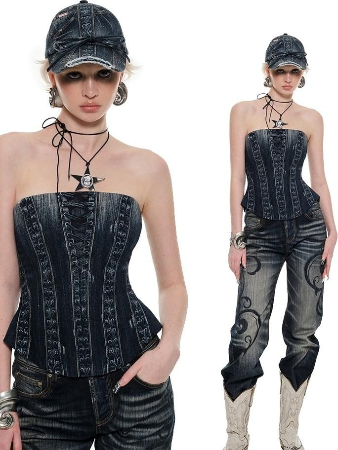 1JINN STUDIO Printed Slim Fit Street Style For Women Black Denim No Pad Tube Tops