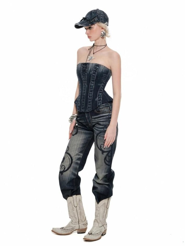 1JINN STUDIO Printed Slim Fit Street Style For Women Black Denim No Pad Tube Tops