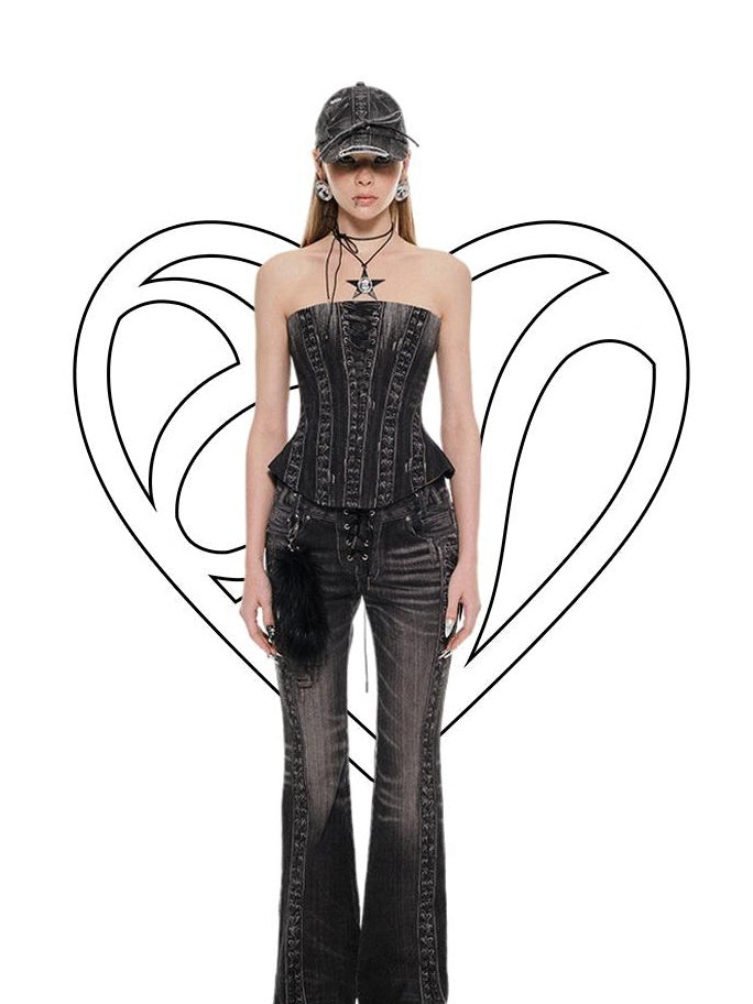 1JINN STUDIO Printed Slim Fit Street Style For Women Black Denim No Pad Tube Tops