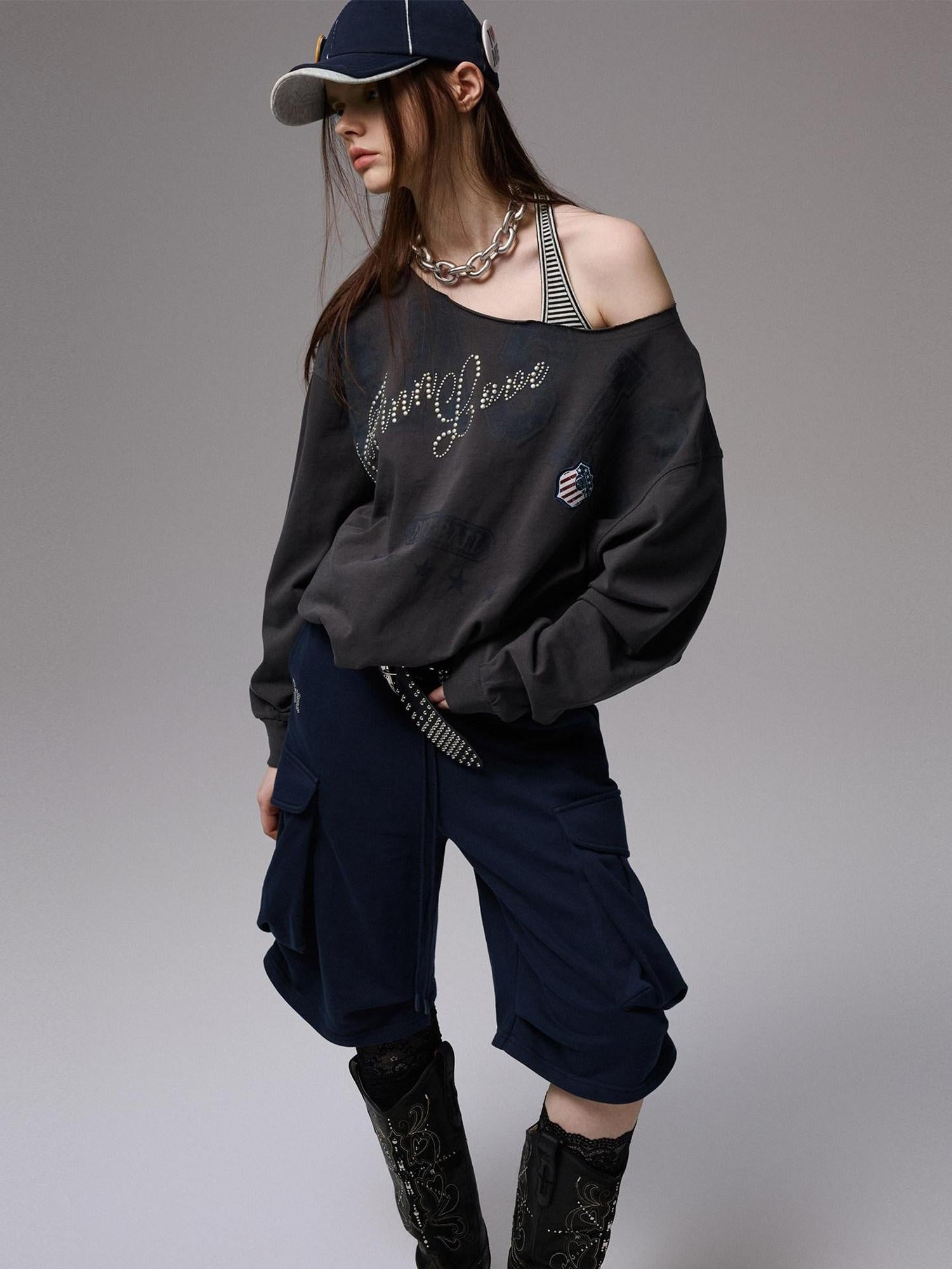 1JINN STUDIO Pure Cotton Asymmetric Neck Slim Long Sleeve Women Workwear Oversized T-Shirts