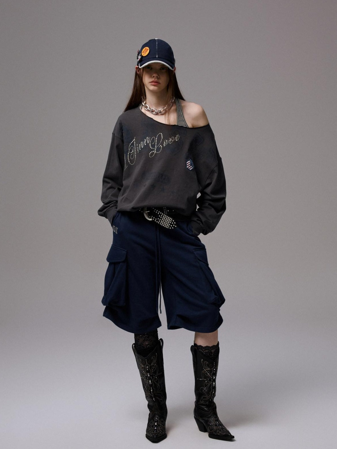 1JINN STUDIO Pure Cotton Asymmetric Neck Slim Long Sleeve Women Workwear Oversized T-Shirts