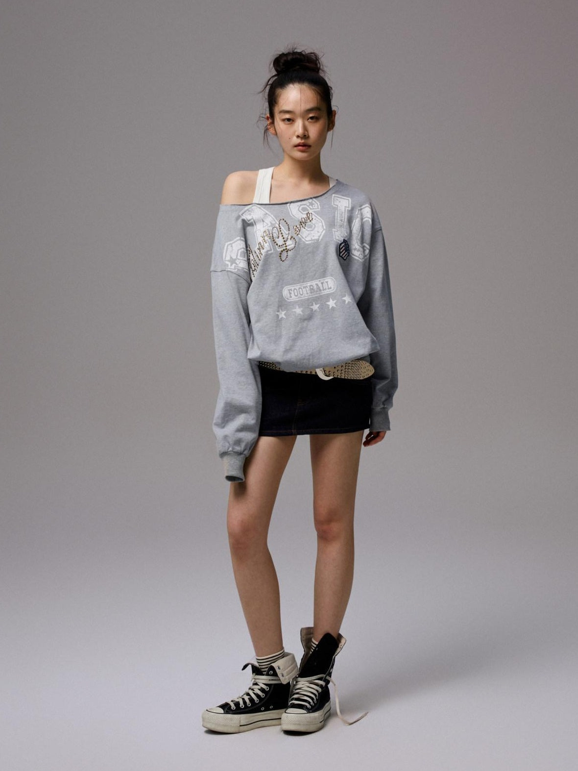 1JINN STUDIO Pure Cotton Asymmetric Neck Slim Long Sleeve Women Workwear Oversized T-Shirts