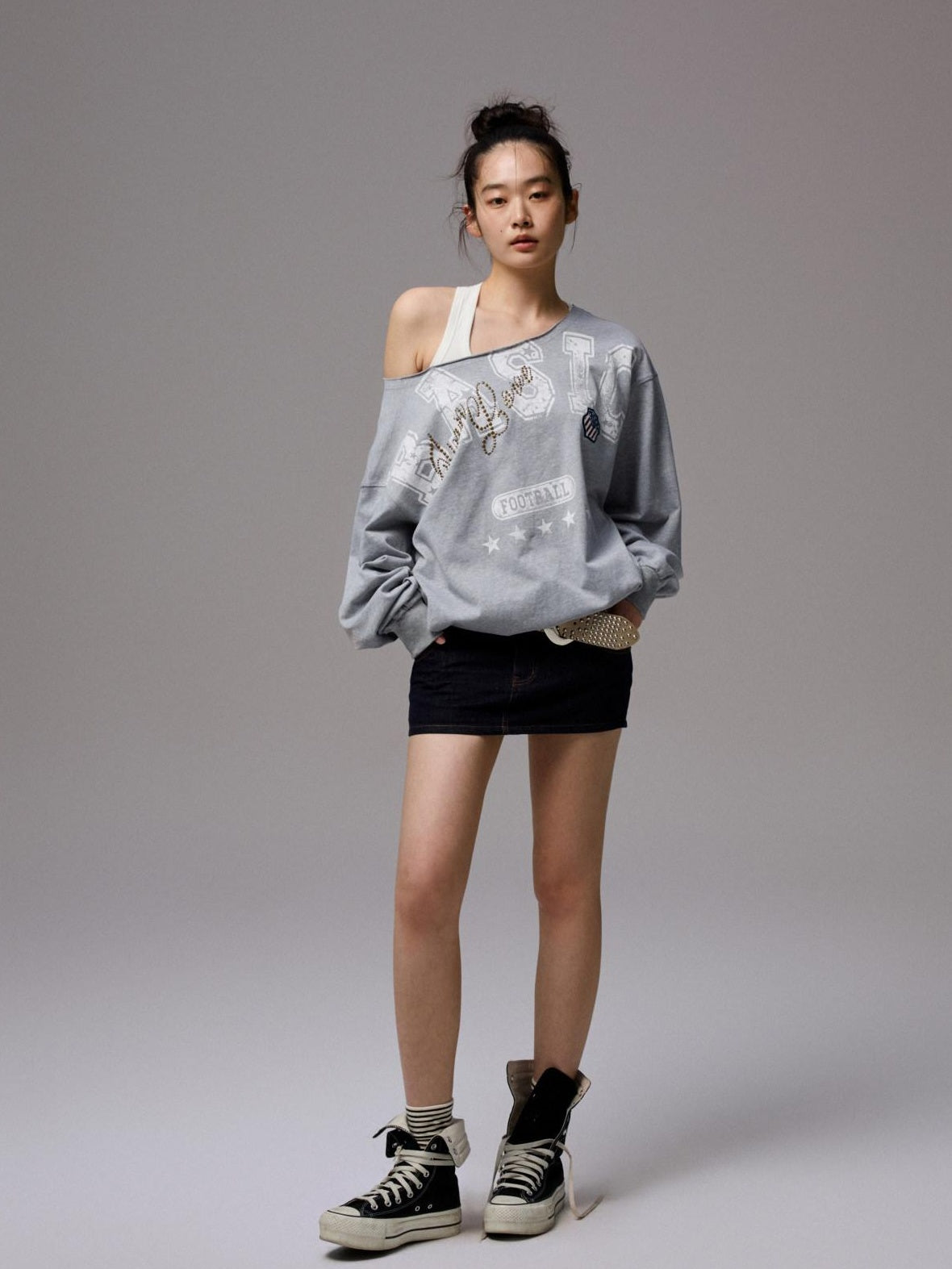 1JINN STUDIO Pure Cotton Asymmetric Neck Slim Long Sleeve Women Workwear Oversized T-Shirts