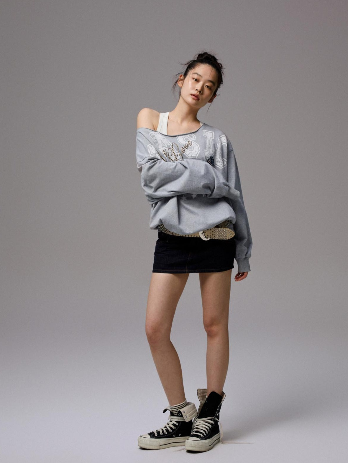 1JINN STUDIO Pure Cotton Asymmetric Neck Slim Long Sleeve Women Workwear Oversized T-Shirts
