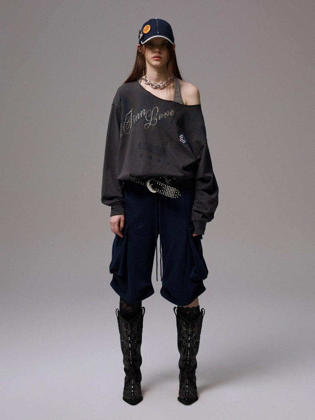 1JINN STUDIO Pure Cotton Asymmetric Neck Slim Long Sleeve Women Workwear Oversized T-Shirts