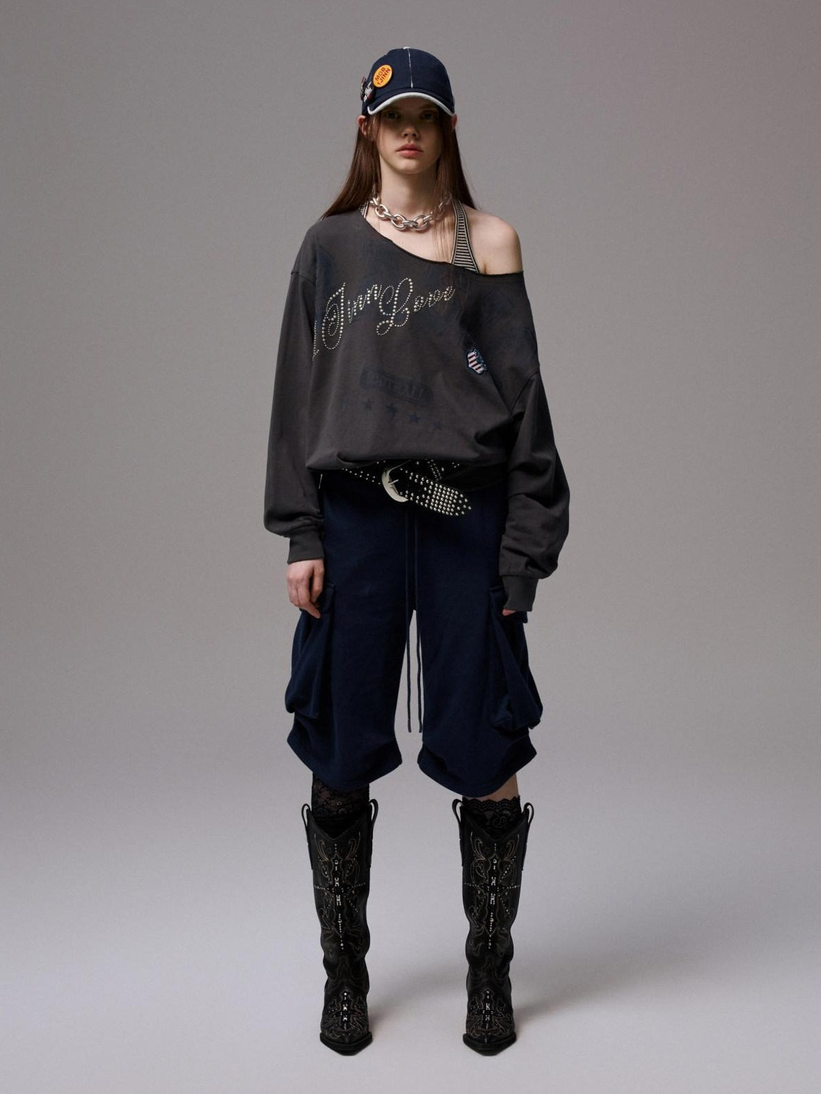 1JINN STUDIO Pure Cotton Asymmetric Neck Slim Long Sleeve Women Workwear Oversized T-Shirts