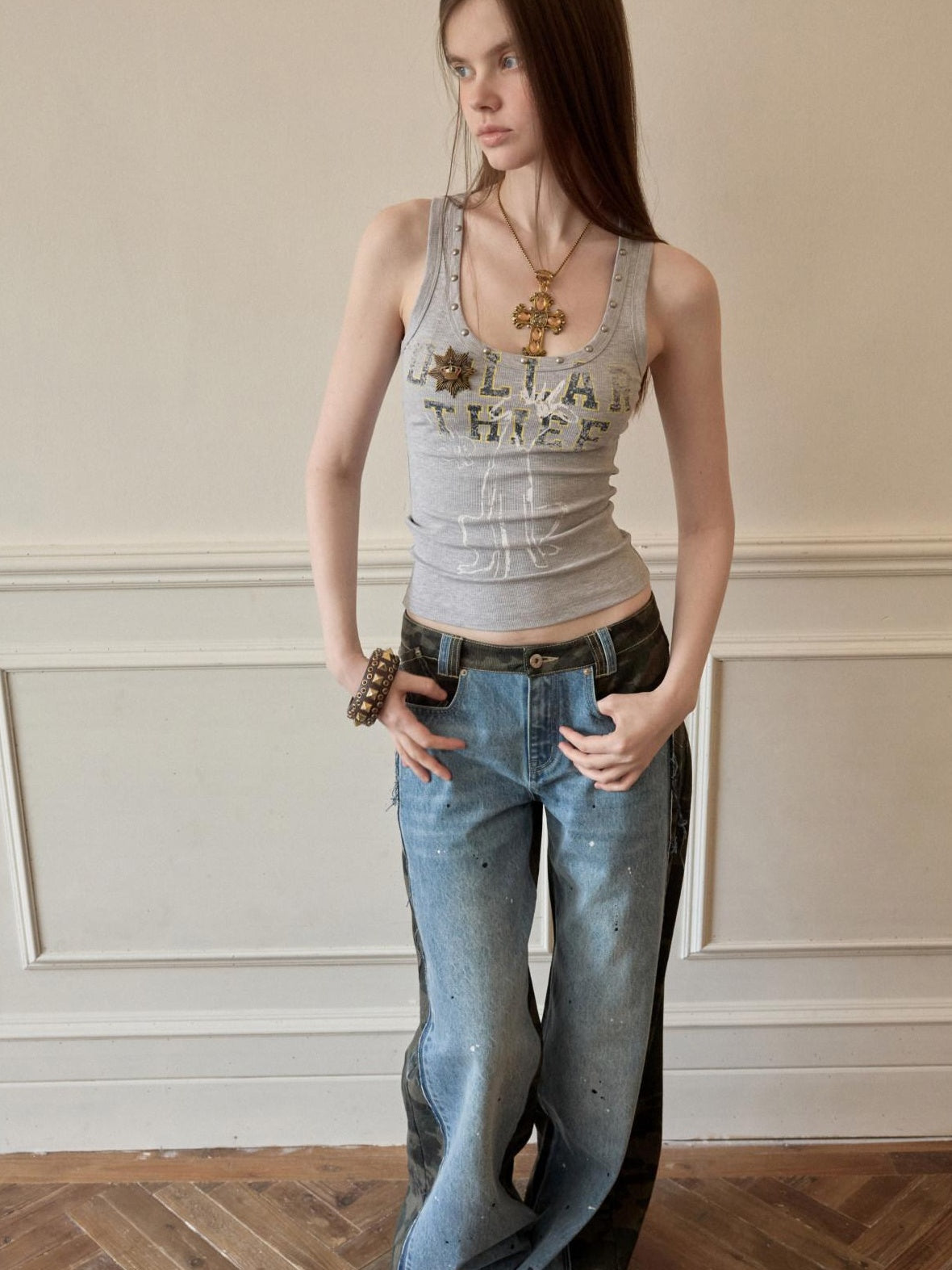 1JINN STUDIO Pure Cotton Cropped Slim U Neck Racerback Casual Women Graphic Print Tank Tops