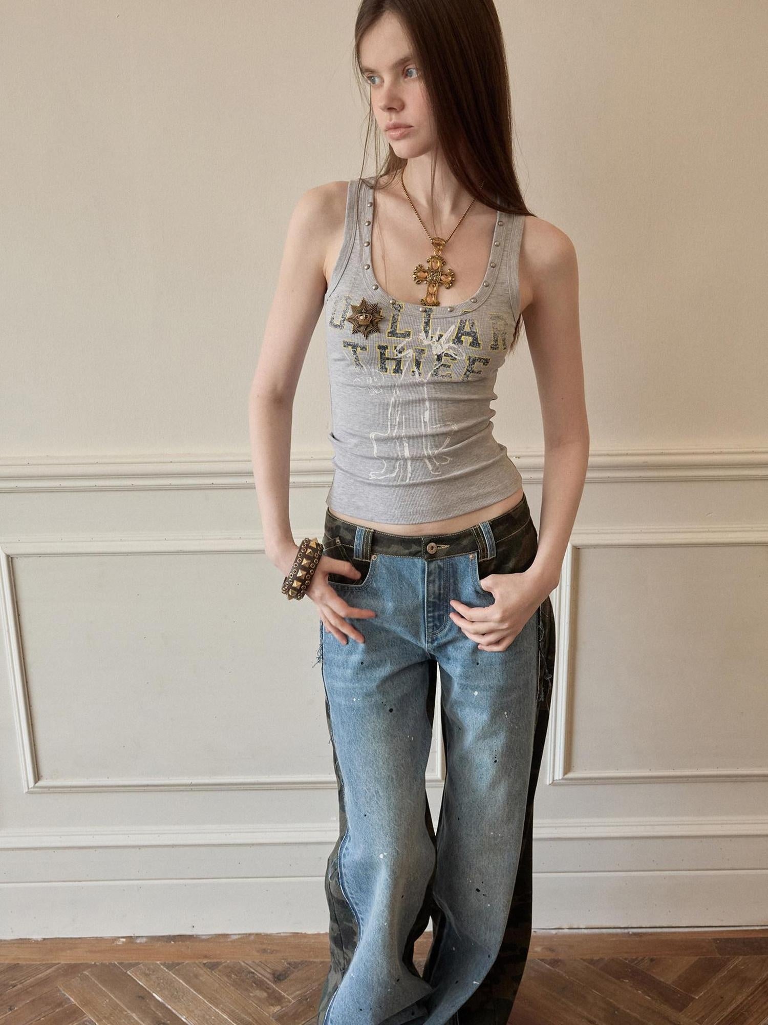 1JINN STUDIO Pure Cotton Cropped Slim U Neck Racerback Casual Women Graphic Print Tank Tops
